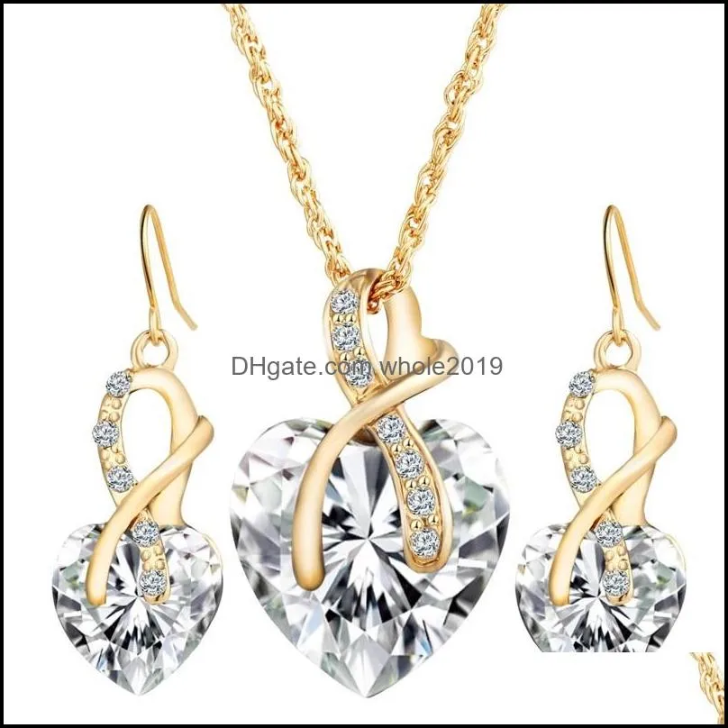 wedding dinner crystal earrings necklace heartshaped austrian crystal zircon jewelry set simple temperament necklace party jewelry 370