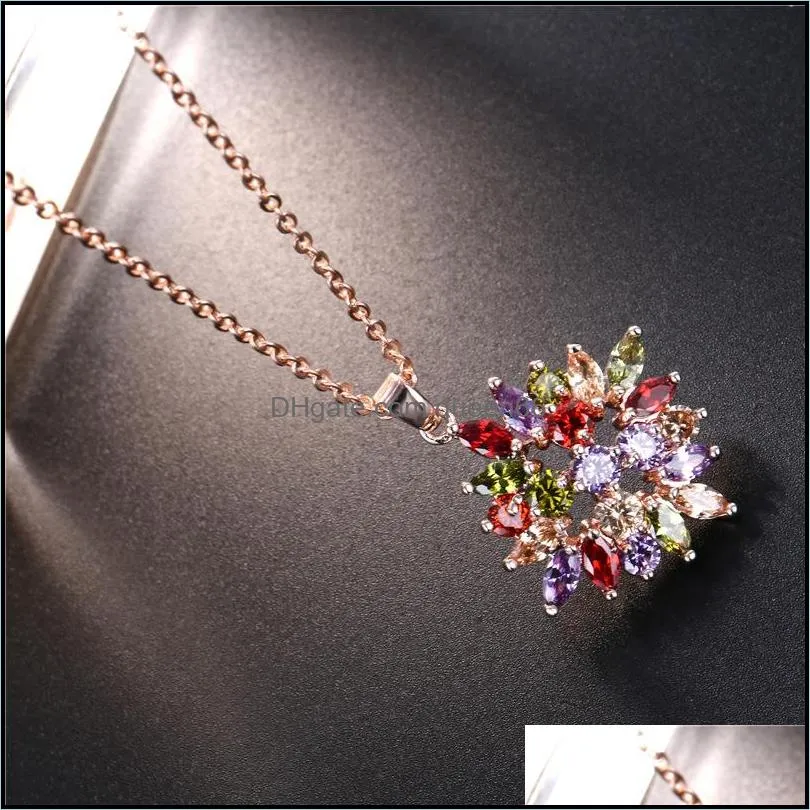 multicolor stones cz pendant necklaces for women flower cubic zirconia crystal rose gold color small jewelry
