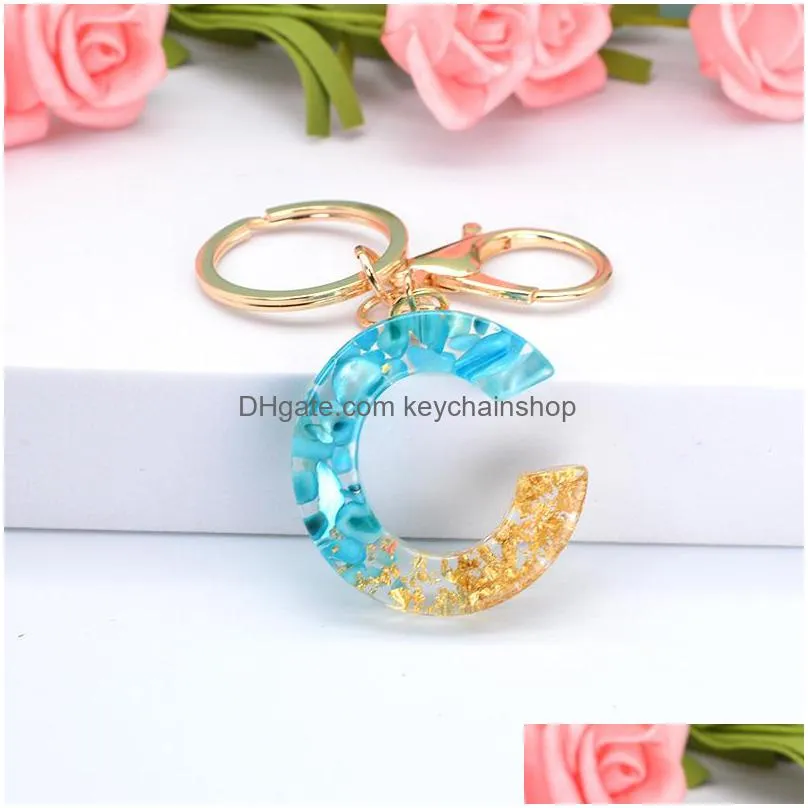 cute gold foil blue gradient color resin letter az keychain for women men handbag car key ring pendant fashion jewelry gifts