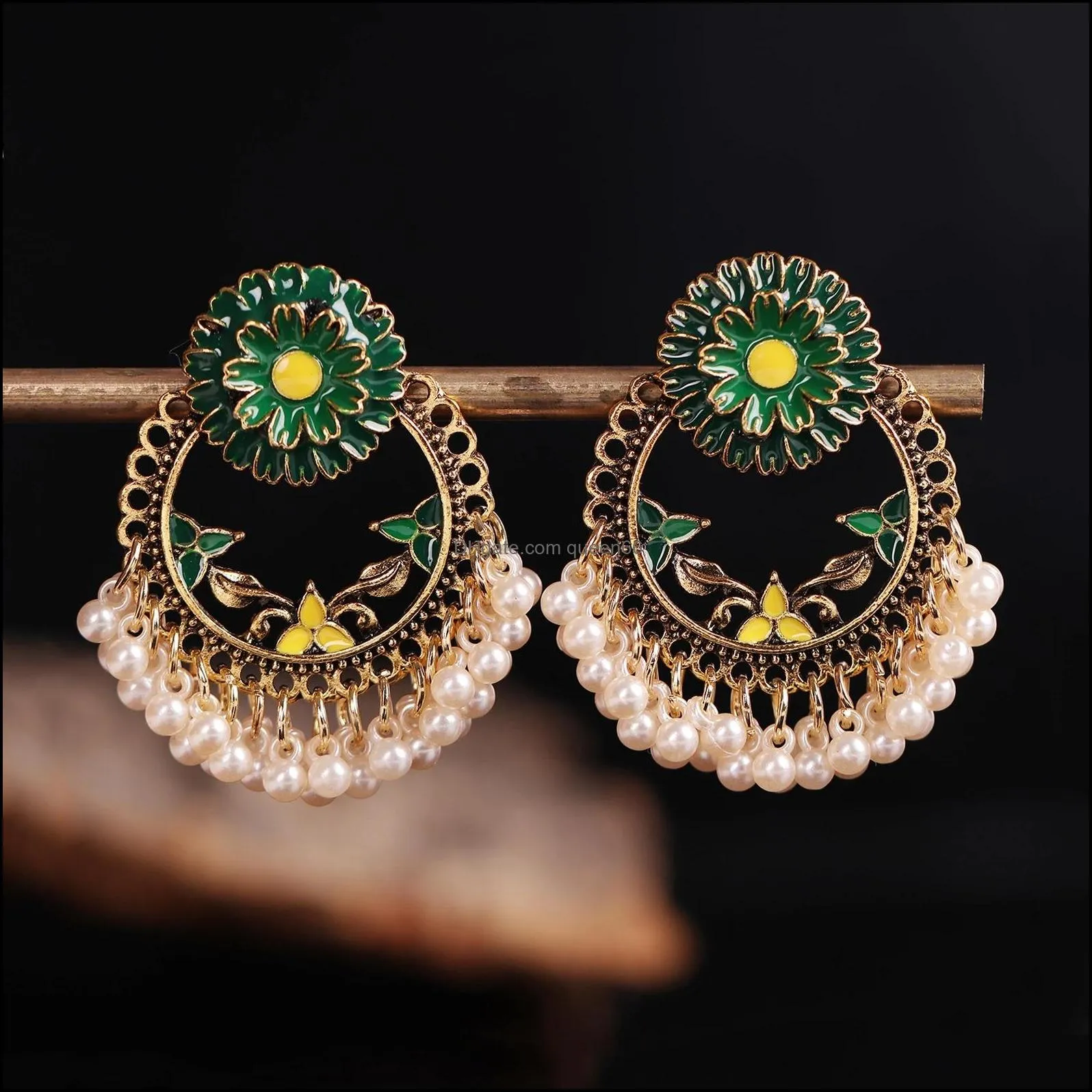 dangle chandelier boho flower gypsy jhumka earrings for women orecchini jewelry retro beads tassel ladies earrings
