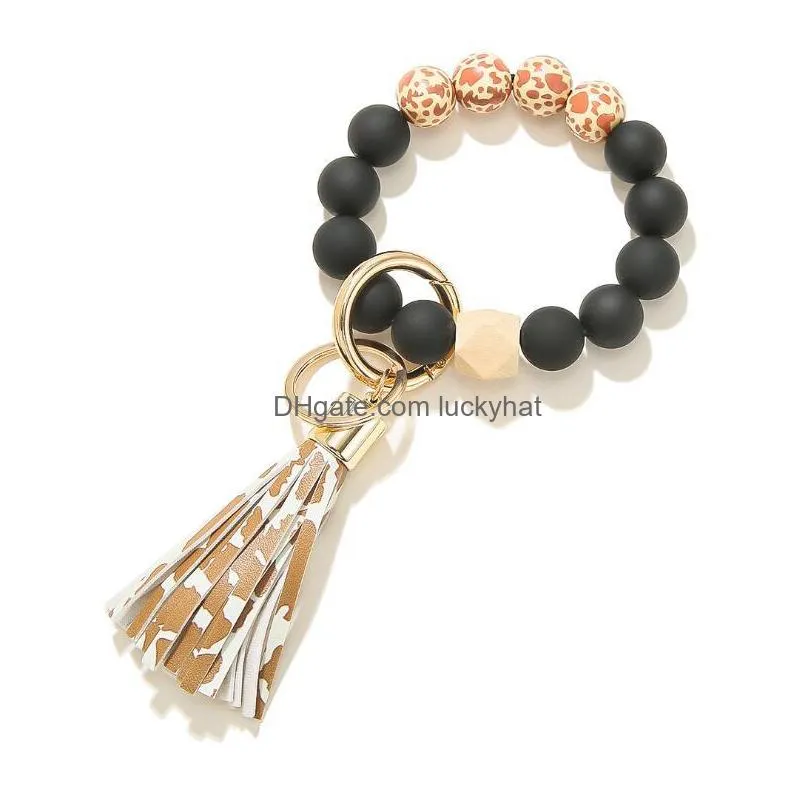 9 colors black frosted wooden bead bracelet keychain fashion leopard pattern tassel pendant bracelets women girl keyring wrist strap