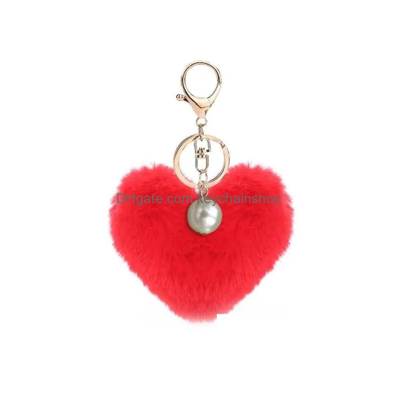 women artificial rabbit fur key chain car keychain 9cm fake fur heart pompom pearl bag charm cute car keyring jewelry