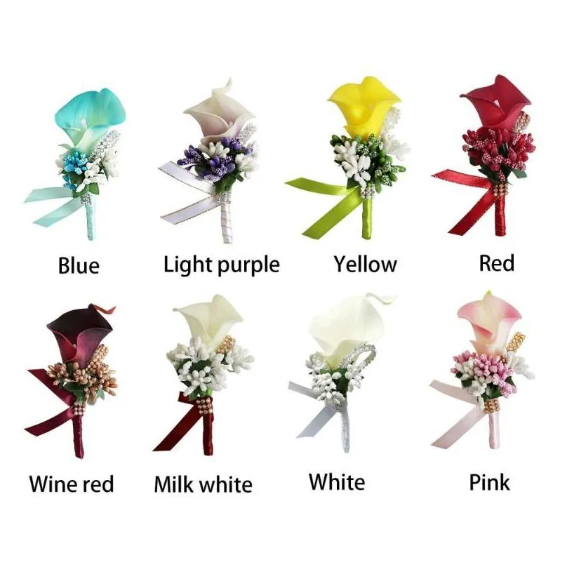 decorative flowers wreaths calla lily brooch wedding party decor bridal bridesmaid trellises groom boutonniere women men pin suit