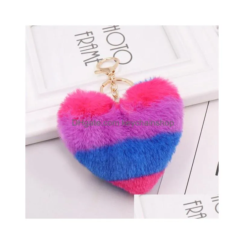 9cm cute fluffy heart keychains womens pom poms faux rex rabbit fur key chains girl bag hang car key ring jewelry accessories