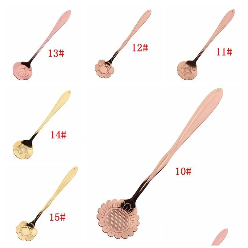 flower shape stainless steel tea spoons gold rose cherry blossoms sunflower coffee spoon creative vintage dessert scoop flatware dbc