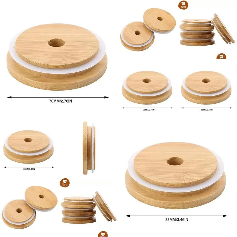 bamboo cap lids 70mm 88mm reusable bamboo mason jar lids with straw hole and silicone seal fy5015