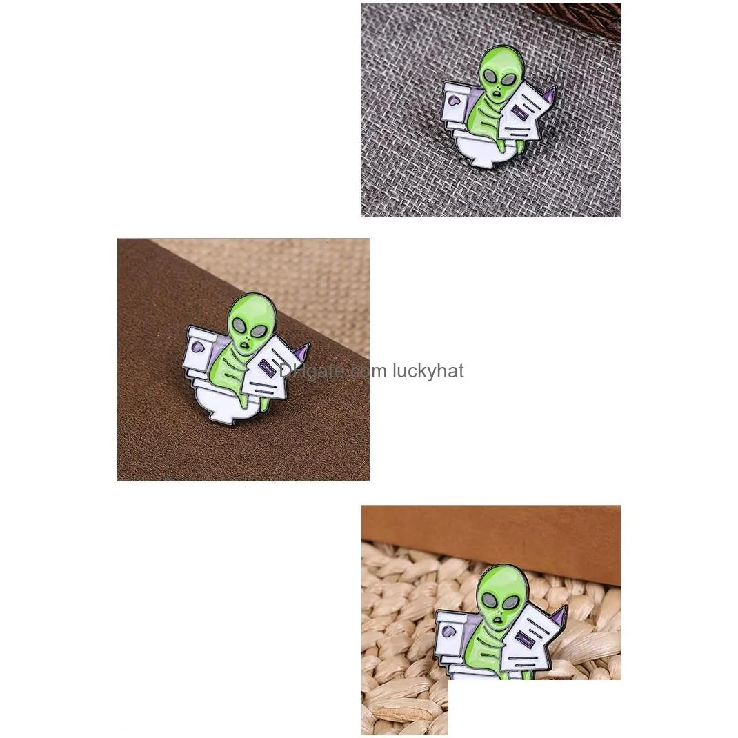 cartoon funny alien brooch for cute girls enamel pin et alien reading newspaper in toilet metal badges jewelry small women accessories