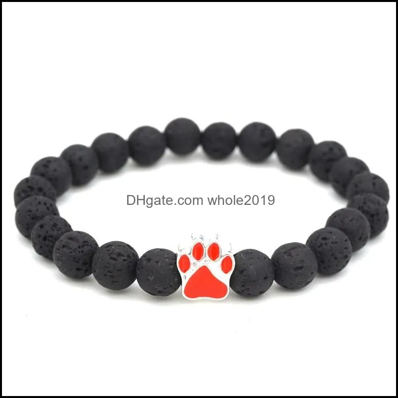 new paw charms 8mm black lava stone strand elastic bracelet  oil diffuser bracelets volcanic rock footprint beaded hand