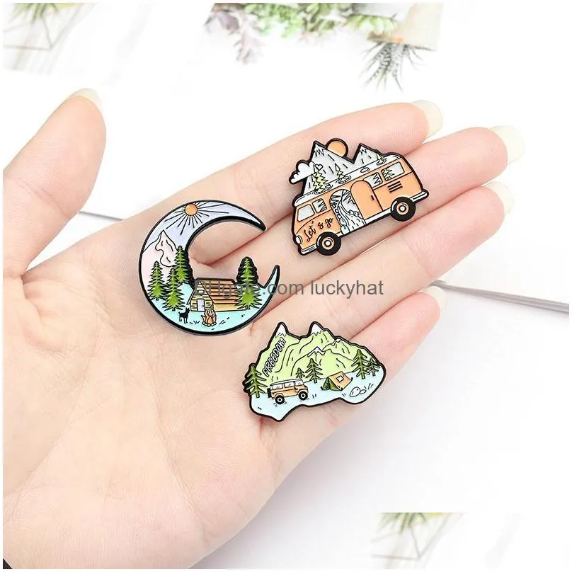 wild scenery car moon mountain peak enamel brooch pins 3pcs/set ins creative cartoon funny alloy brooches for girls boys gift badges bag denim shirt children