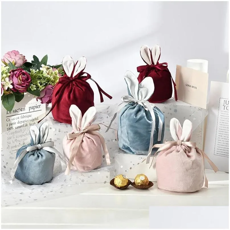 velvet easter bunny bucket favor short ears rabbit basket drawstring candy bag soft plush storage bags a0111