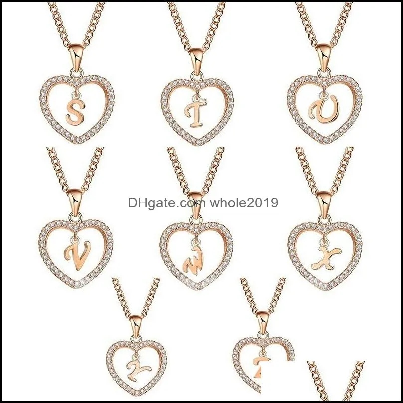 classic rose gold 26 letter diamond paved love heart pendant necklace alphabet az initial letter necklace womens jewelry gift 166 t2