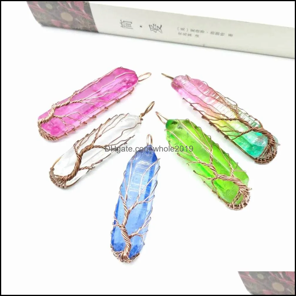 handwound colorful crystal stone necklace crystal column tree of life necklace