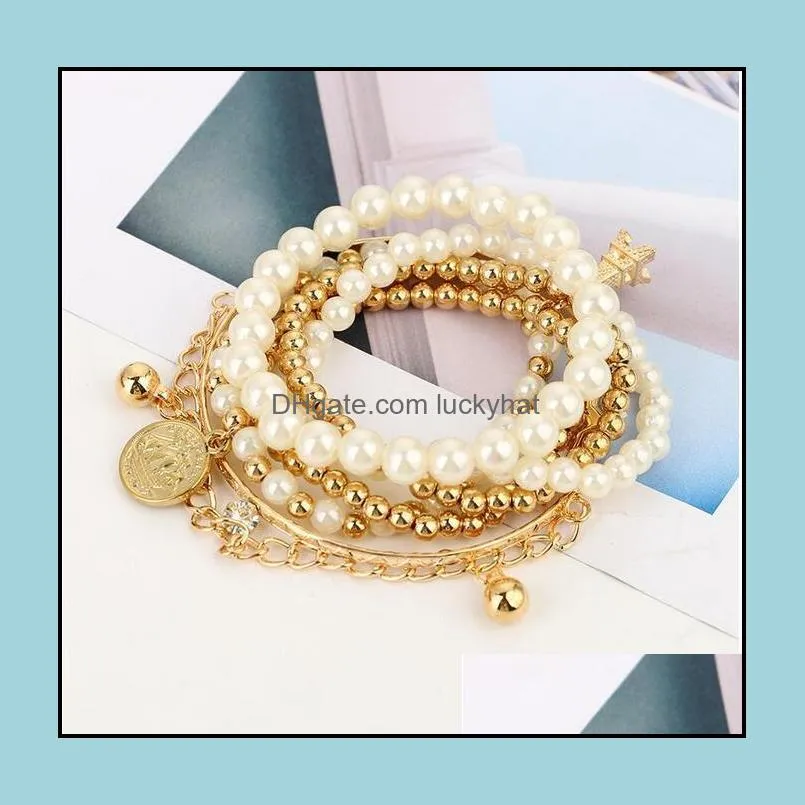 6pcs/set gold silver color link chain pearl beads bracelet star multilayer beaded bracelets set for women charm party jewelry