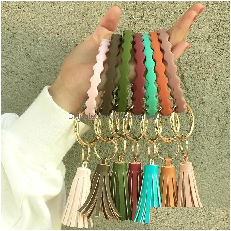 allmatch keychain solid color silicone circle wristlet key ring key ring wave durable portable wrist strap tassel pendant