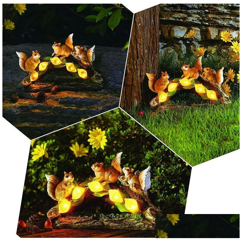 garden statues squirrel with solar powered lights garden decorations outdoor for patio lawn yard housewarming resin animal shape art