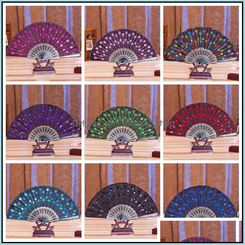 chinese classical dance folding fan party favor elegant colorful embroidered flower peacock pattern sequins female plastic handheld fans gifts wedding