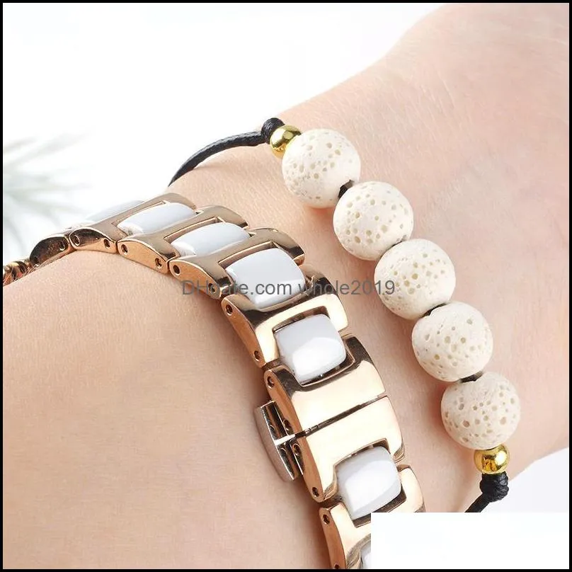 lava stone strand aroma essential oil diffuser bracelets wax rope braided white black beads bracelet women fashion jewelry