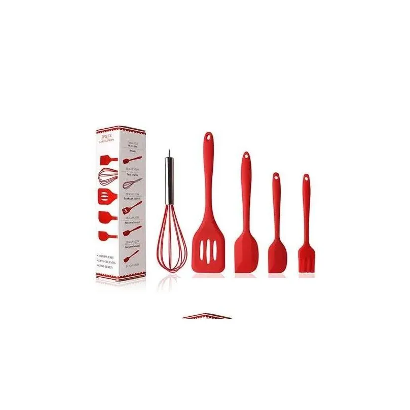 5pcs/lot silicone cooking tool sets includes small brush scraper large scraper egg beater spatula for baking and mixing wholesale