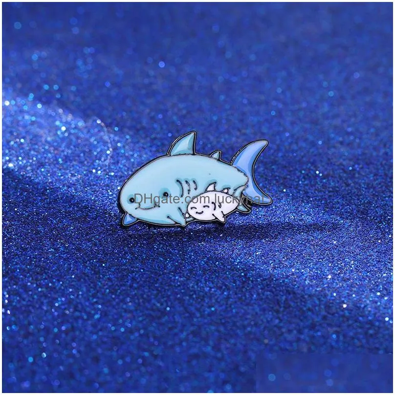 blue shark eating snack cartoon animal enamel pins for girls creative brooches 4pcs /set alloy pin shirt badge jewelry gift bag