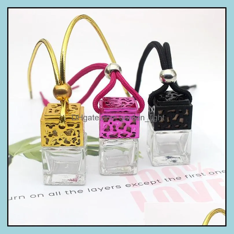 2020 cube hollow car perfume bottle rearview ornament hanging air freshener for  oils diffuser fragrance empty glass bottle