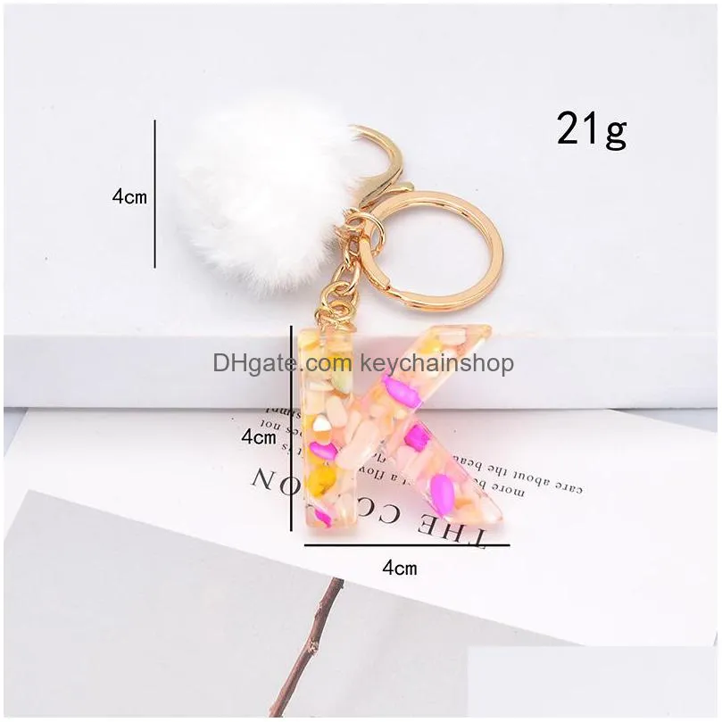 fluffy pompom faux rabbit fur ball keychains glitter 26 letters flower key rings chains key holder jewelry bag accessories gifts