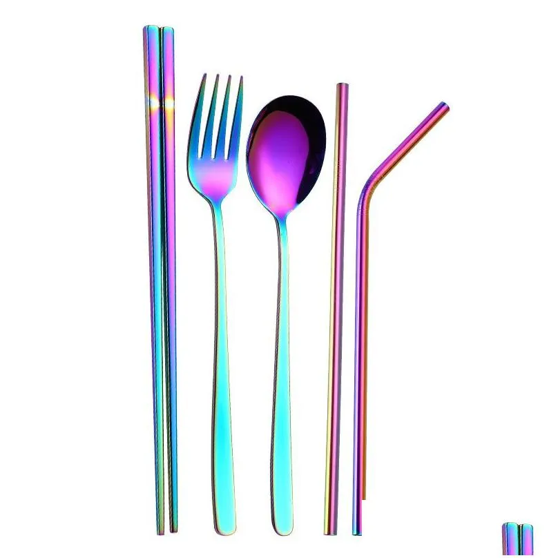 creative titanium plated portable tableware 5piece colorful colors 304 stainless steel spoon chopsticks set straw combination