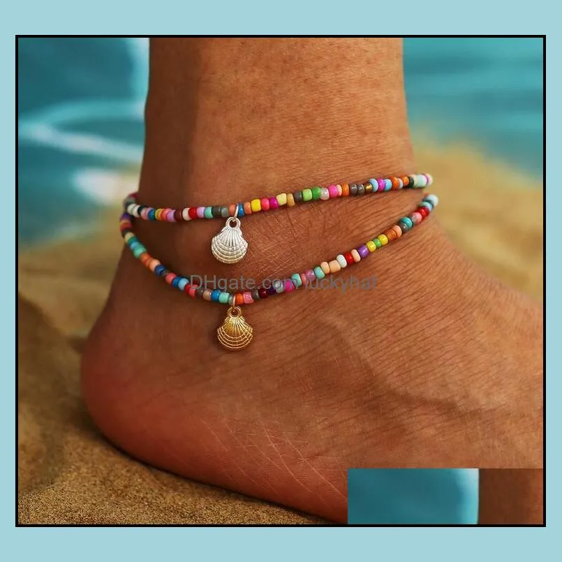 color beaded anklet retro alloy scallop pendant foot chain beach footwear for women girls
