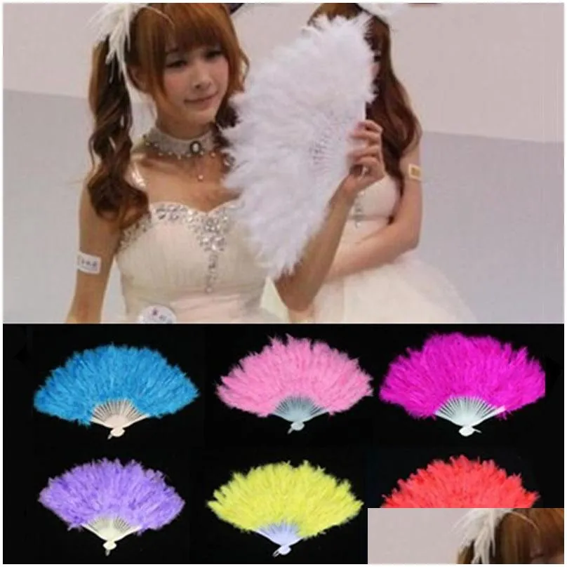 folding feather fan 10 colors hand held vintage chinese style fan dance wedding craft downy feather fan foldable dancing fans tqq