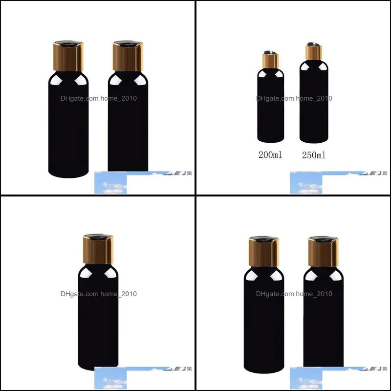 100/150/200/250ml empty black plastic cosmetics lotion bottle with gold disc screw lid shampoo pet containers cosmetic packaging