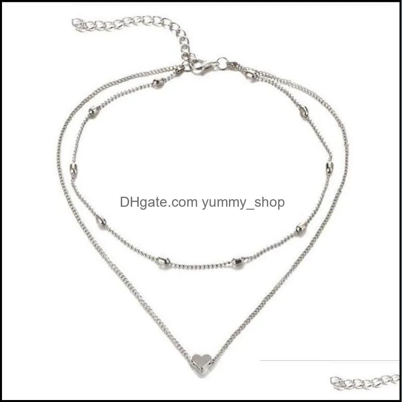 two layer fashion necklace bead choker chain with o chain through heart silver gold color plated women gift 863 q2