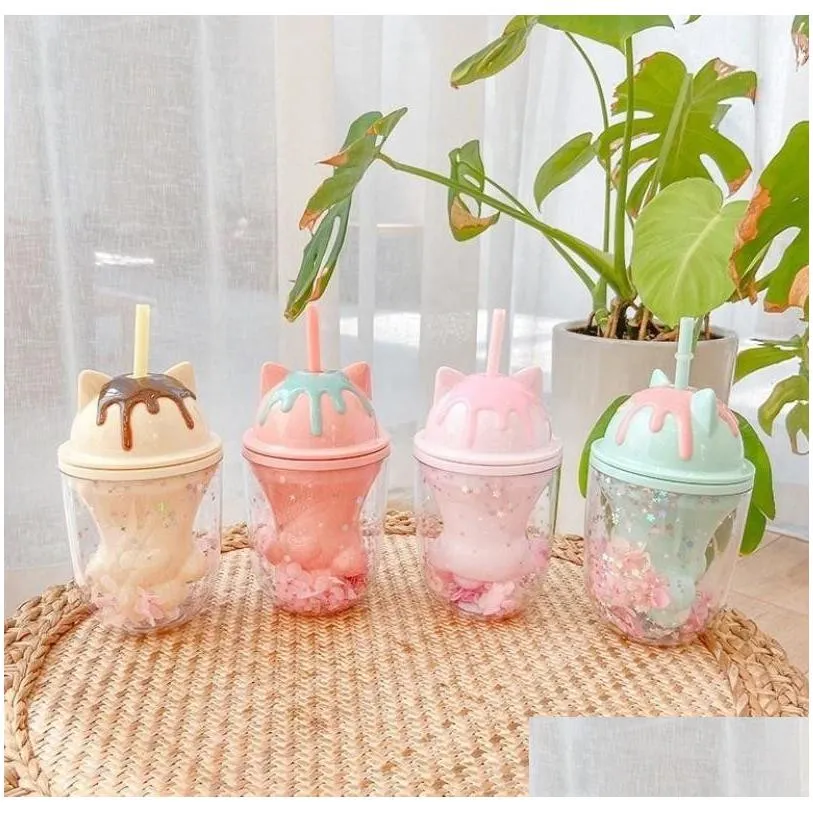 7oz baby childrens plastic milk coffee mug starbucks cats paw straw and various styles of water cups tt1227