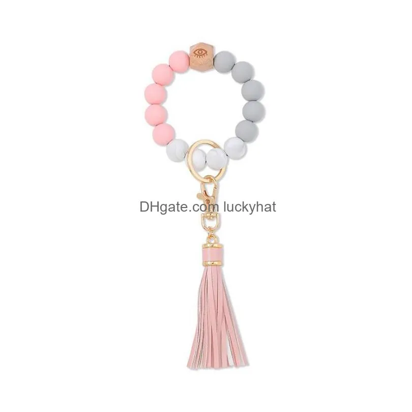 8 colors silicone bead bracelet keychain female bracelets key ring tassel wooden beads food grade girl keyring wrist strap