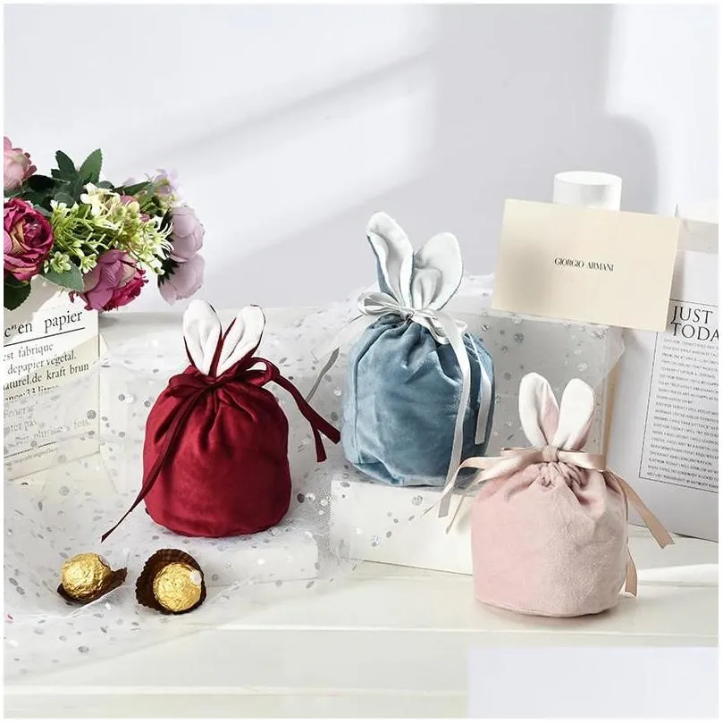 velvet easter bunny bucket favor short ears rabbit basket drawstring candy bag soft plush storage bags a0111