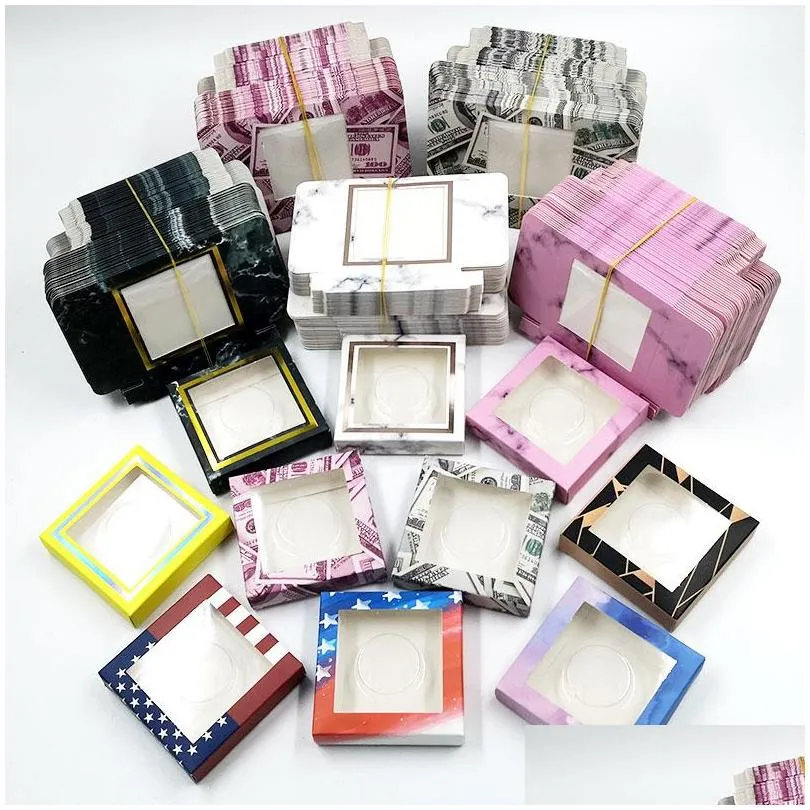 100pcs a lot false eyelash packaging square paper box many styles and colors for option lash cases 25 mm mink eyelashe with tray packing