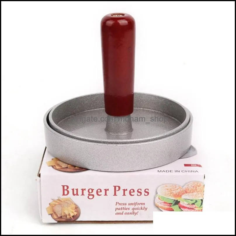 aluminum alloy round shape hamburger press kitchen tool wooden handle nonstick burger maker hamburgers mold meat beef bbq grill