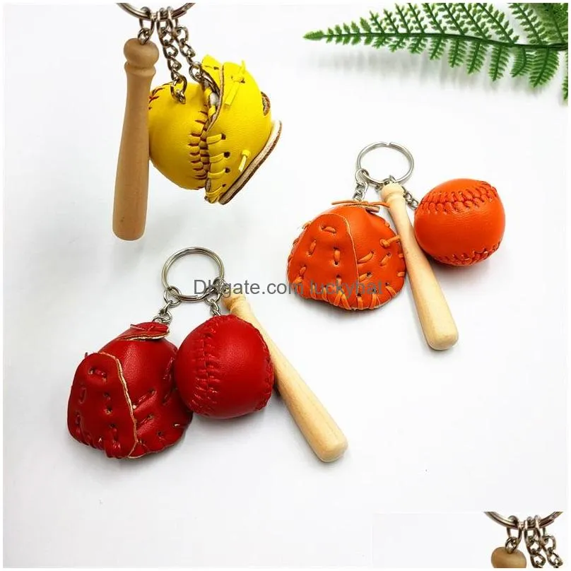 creative glove baseball keychains pu leather add wood baseball key ring sport keychain promotion gift mini softball baseball key chain