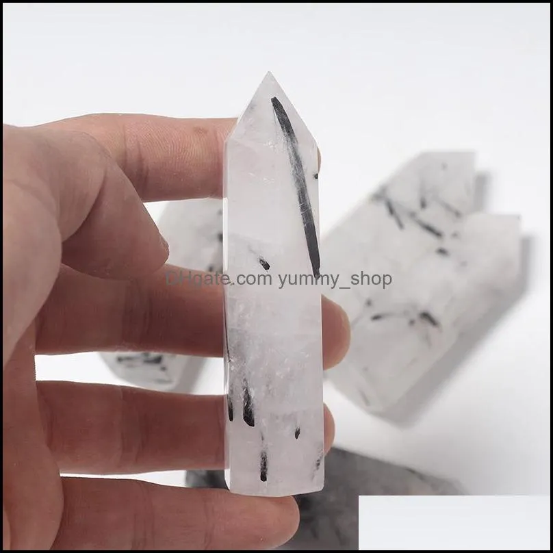 natural black hair crystal arts pillar quartz point obelisk wand healing crystals ink painting home decoration ornaments