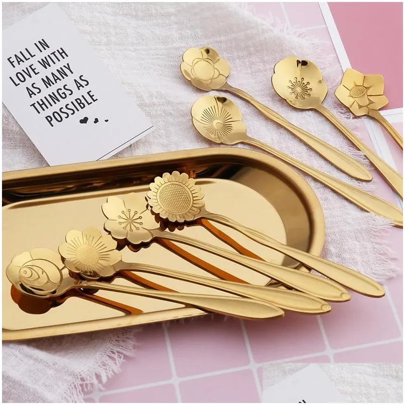 flower shape stainless steel tea spoons gold rose cherry blossoms sunflower coffee spoon creative vintage dessert scoop flatware dbc