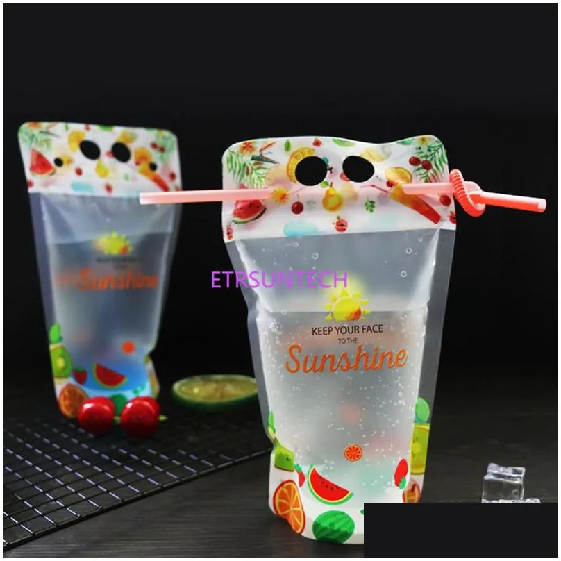 450 ml 7 style plastic drink packaging bag pouch for beverage juice milk coffee with handle and holes for straw lx0608