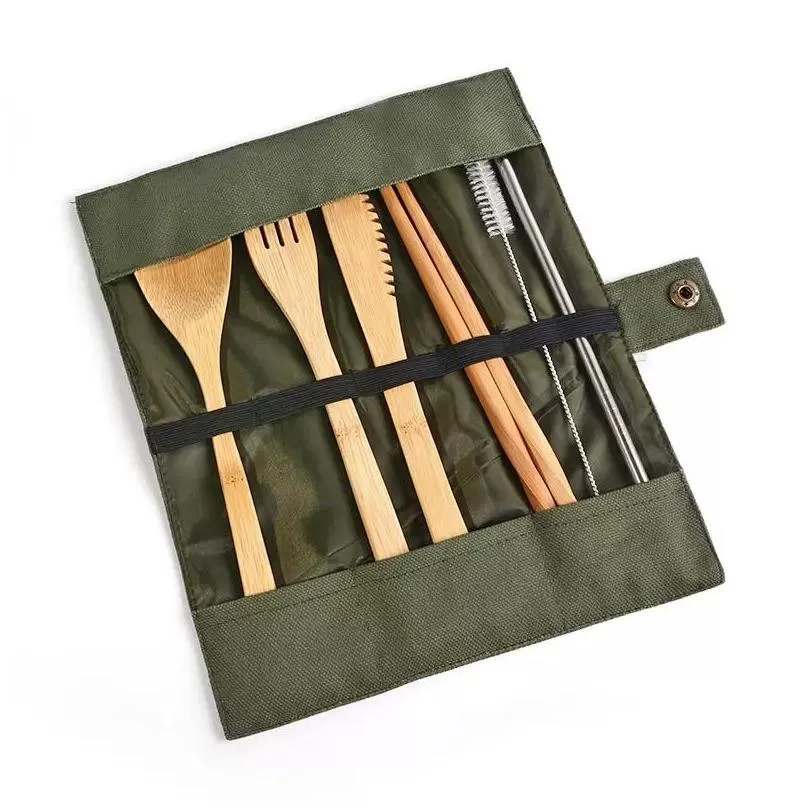 wooden dinnerware set bamboo teaspoon fork soup knife catering cutlery sets with cloth bag kitchen cooking tools utensil 1433 v2