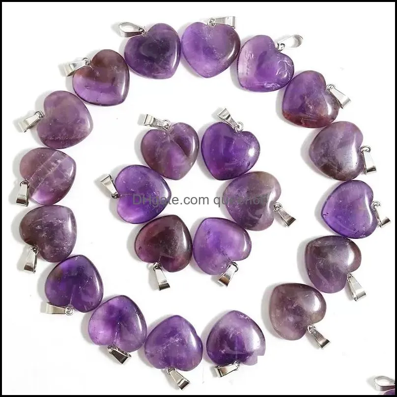 20mm natural purple crystal heart amethysts stone necklace pendants charms for jewelry making gem