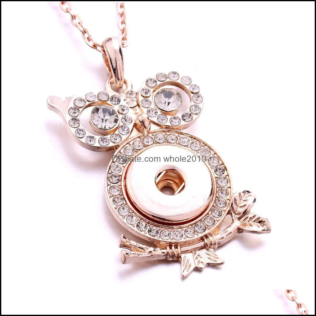 snap button jewelry rhinestone gold silver owl shape pendant fit 18mm snaps buttons necklace for women men noosa