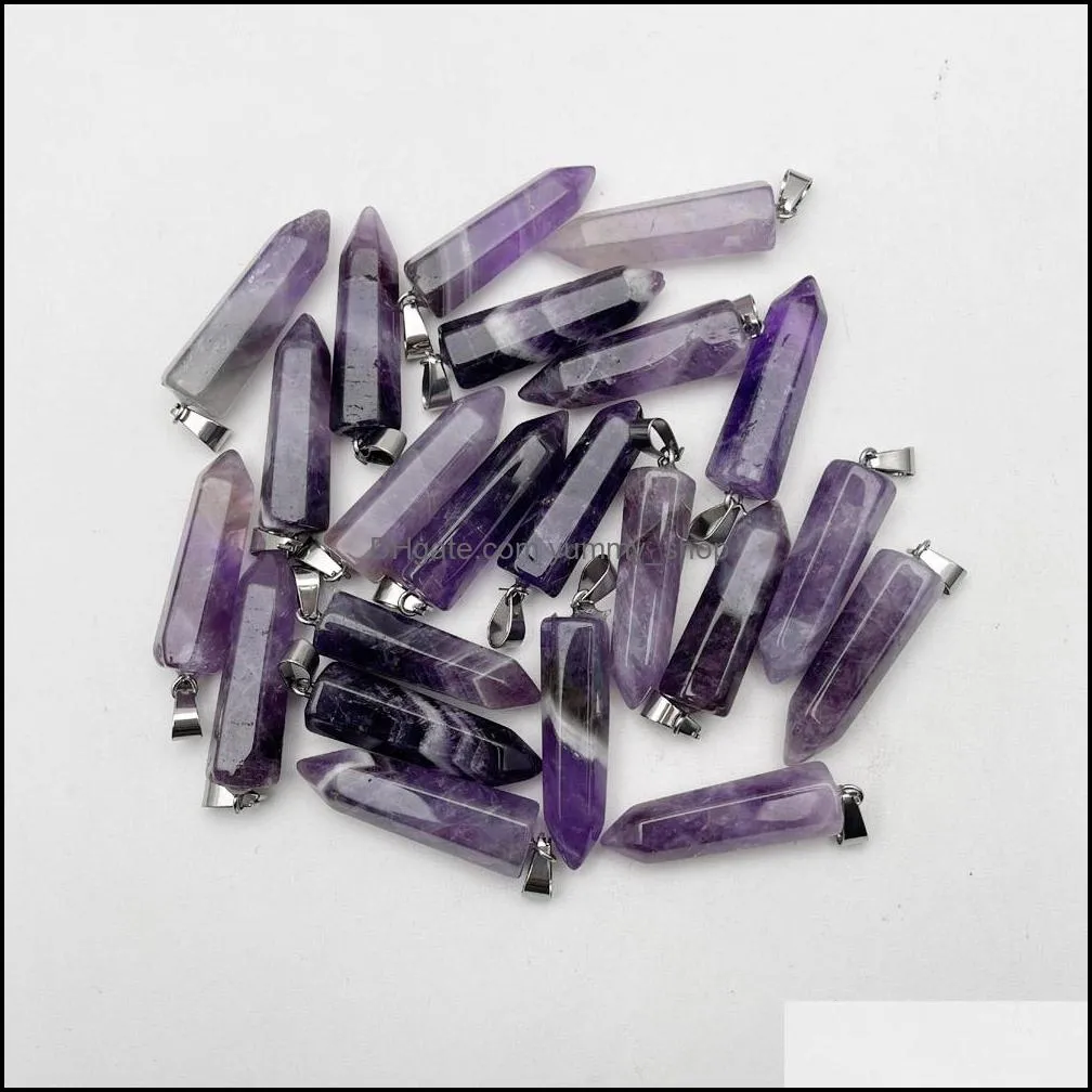 natural stone crystal hexagonal prism crystal charms amethyst chakra pendants for jewelry making diy necklace earrings