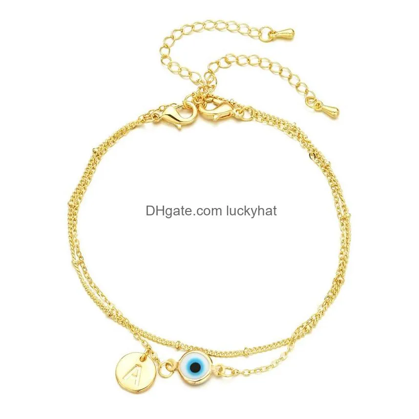 fashion jewelry gold plated evil eye anklet for women double layer chain letter a blue eyes anklets bracelet