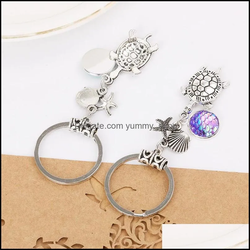 fashion drusy druzy keychain shell starfish mermaid tortoise key rings fish scale charms keychain bag car keyring jewelry for women