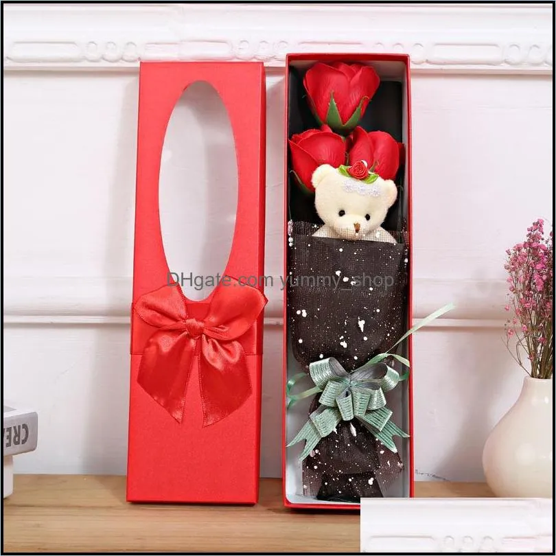 newartificial soap roses with little cute teddy bears delicate boxed five immortal flower or three flowers and bear rrd12925