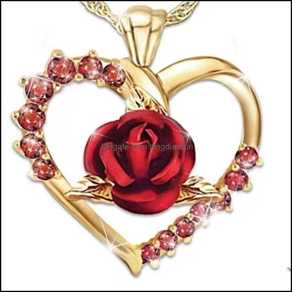 newparty favor fashion love heart rose valentines day diamond inlaid rose necklace fashion girls mothers day pendant necklaces r