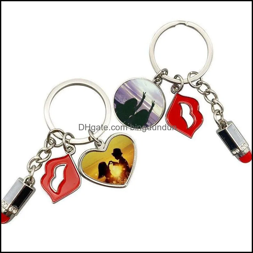 newpersonalized red lips favor metal keychain sublimation lipstick keyring with diamond cosmetic decoration mini pendant fesival
