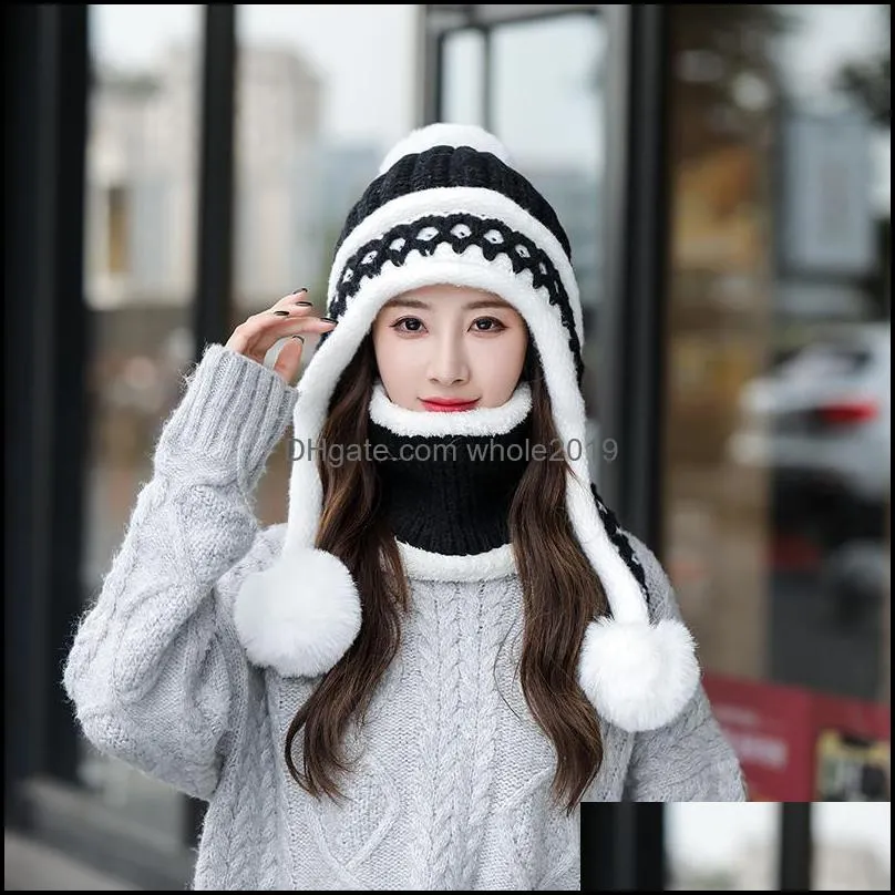 beanie/skull caps winter pompom hat and scarf set for women girls plus velvet warm female casual thick knitted hats 2 pieces