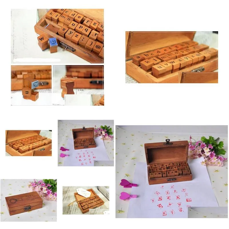 fast shipping wholesale creative lowercase uppercase alphabet wood rubber stamps set with wooden box 50sets/lot sn2635